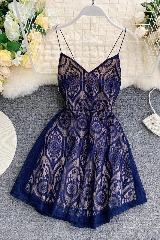 A Line Spaghetti Straps Lace V Neck Navy Blue Homecoming Dresses, Sweet 16 Dresses C882 A Line Spaghetti Straps Lace V Neck Navy Blue Homecoming Dresses, Sweet 16 Dresses C882