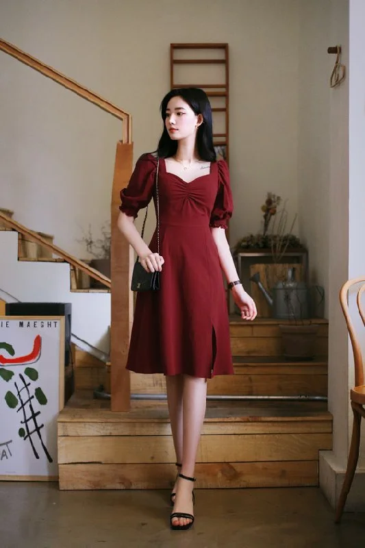 Burgundy Vintage Short Paty Dress, Homecoming Dress  C2058