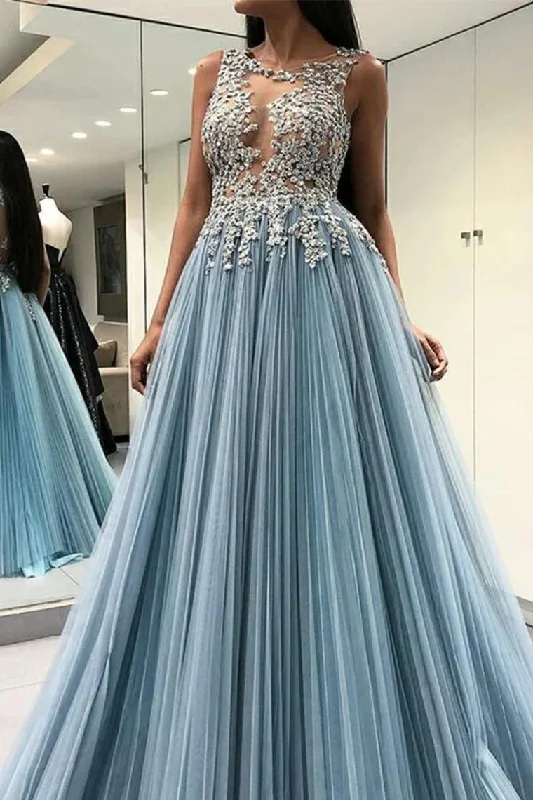 A Line Sleeveless See Through Tulle Prom Dress With Appliques Floor Length Formal STIPMLLSKLL A Line Sleeveless See Through Tulle Prom Dress With Appliques Floor Length Formal STIPMLLSKLL