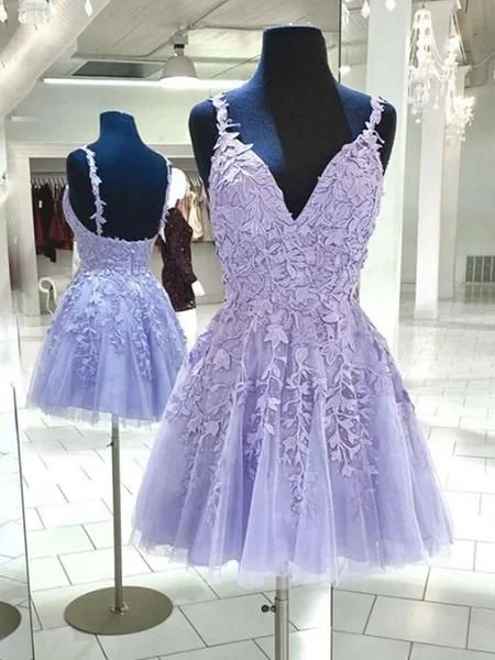 Short V Neck Purple Lace Formal Homecoming Dresses C1775