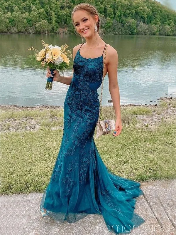 Elegant Spaghetti Strap Sleeveless Mermaid Lace Long Evening Prom Dresses Online, OLP636 Elegant Spaghetti Strap Sleeveless Mermaid Lace Long Evening Prom Dresses Online, OLP636