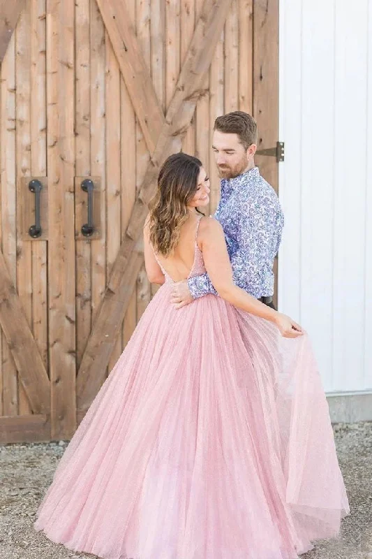A Line Spaghetti Straps V Neck Rose Pink Tulle Prom Dresses Beaded Bodice Formal Dress STI15033 A Line Spaghetti Straps V Neck Rose Pink Tulle Prom Dresses Beaded Bodice Formal Dress STI15033
