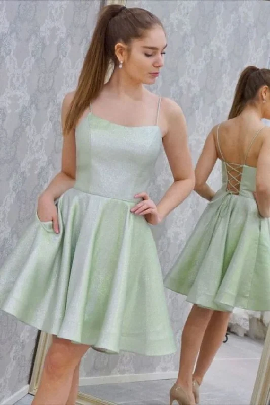 glitter short mint green homecoming dress with pockets C1155