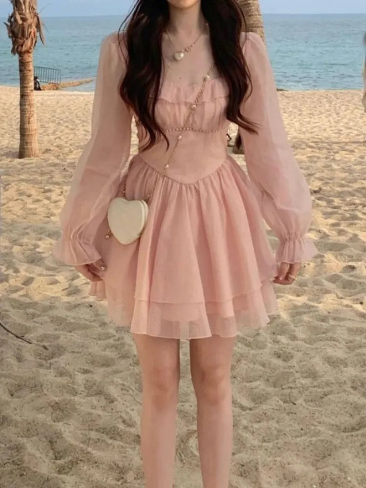 Getadme- Fairycore Korean Style Pink Corset Dress Women Y2k Ruffles One Piece Long Sleeve Layered Tunic Mini Princess Dresses Getadme- Fairycore Korean Style Pink Corset Dress Women Y2k Ruffles One Piece Long Sleeve Layered Tunic Mini Princess Dresses