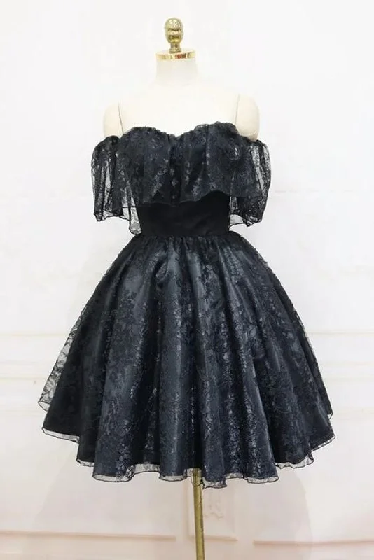 Simple Off The Shoulder Black Lace Short Homecoming Dresses C1122