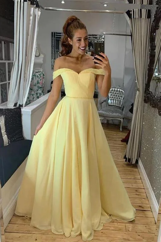 A Line Off the Shoulder Sweetheart Yellow Prom Dresses, Long Formal Dresses STI15551 A Line Off the Shoulder Sweetheart Yellow Prom Dresses, Long Formal Dresses STI15551