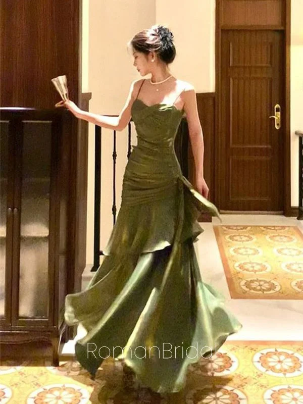 Elegant Spaghetti Strap Sleeveless Mermaid Satin Long Prom Dresses Online, OLP620