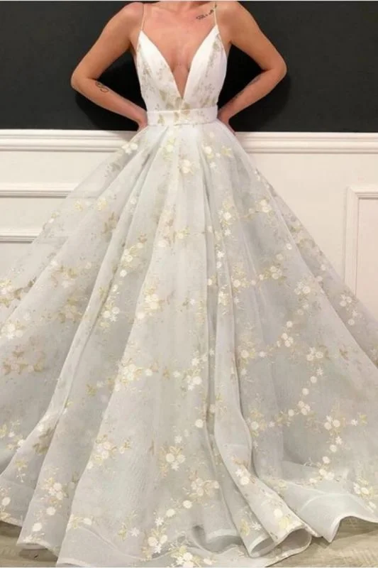 Sexy Deep-V-Neck Flowers Prom Dresses Online