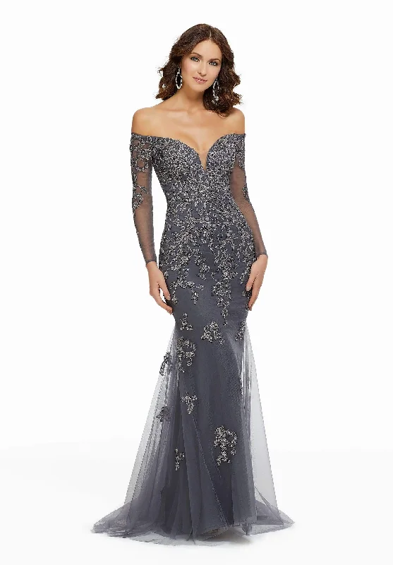 MGNY By Mori Lee - 72015 Metallic Lace Off-Shoulder Trumpet Dress