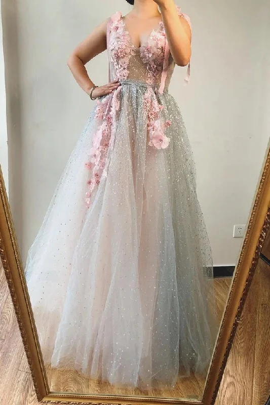 A line V neck Beads Pink Long Tulle Prom Dresses With Floral, Formal Dresses STI15038 A line V neck Beads Pink Long Tulle Prom Dresses With Floral, Formal Dresses STI15038