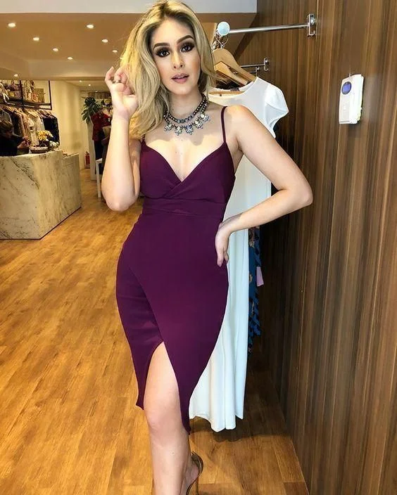 Purple A-Line V Neck Homecoming Dress C714