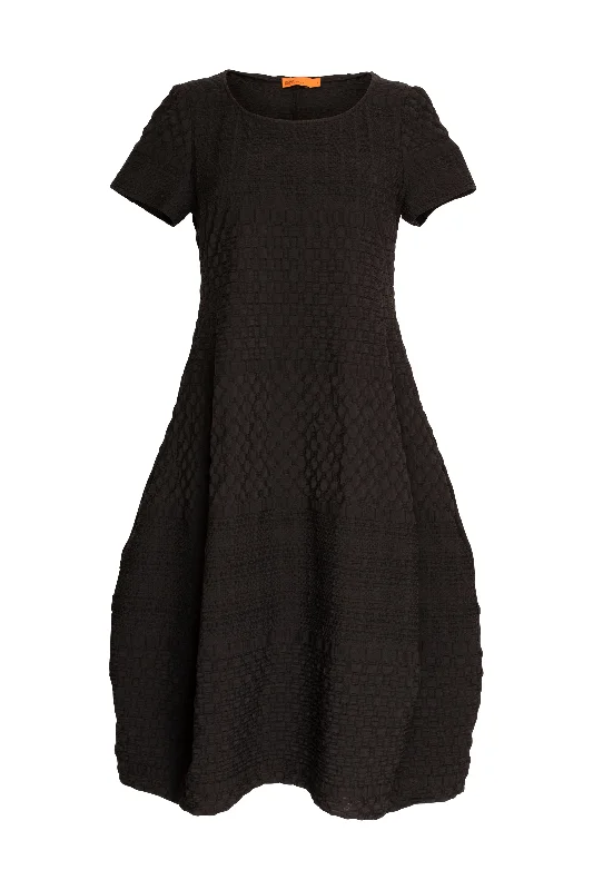 Short Sleeve Bell Panel Dress - Black Jacquard 9756