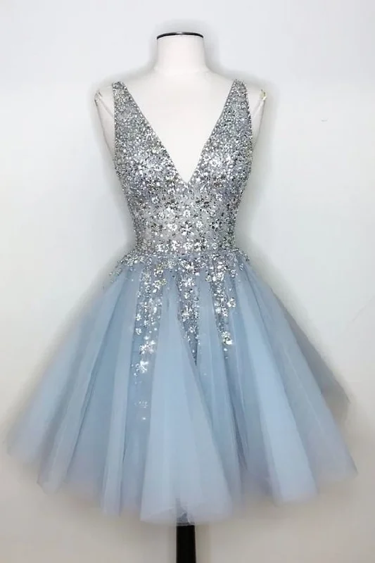 Sparkly A-Line Deep V-Neck Short Homecoming Dress C2364