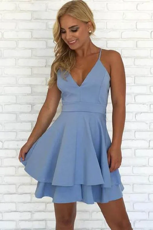 Simple Blue Spaghetti Straps V Neck Short Homecoming Dress  C527