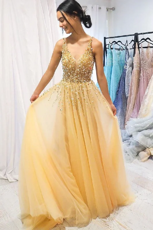 A Line Gold V Neck Beading Tulle Prom Dresses Spaghetti Straps Long Cheap Formal Dress STI14999 A Line Gold V Neck Beading Tulle Prom Dresses Spaghetti Straps Long Cheap Formal Dress STI14999