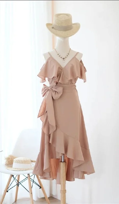 High-Low V-Neck Nude Homecoming Dress with Ribbon  C1160