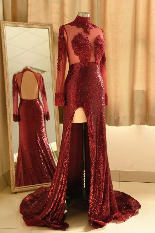 Sexy High-Neck Burgundy Sequined Slit Prom Dress | Long Sleeves Appliques Backless Formal Dress Sexy High-Neck Burgundy Sequined Slit Prom Dress | Long Sleeves Appliques Backless Formal Dress