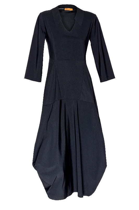 Black 3/4 Sleeve Vee Neck Multipanel Dress 8628