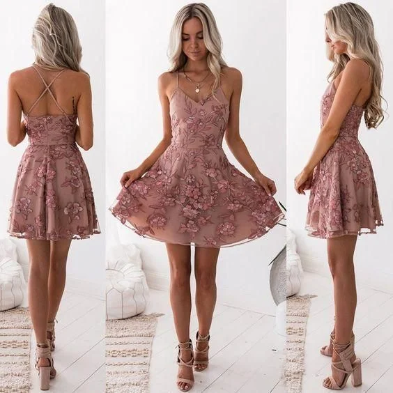 Spaghetti Straps Sleeveless Homecoming Dress, Backless Applique Homecoming Dress C25