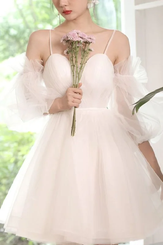 princess white A-line short homecoming dress with short sleeves C810