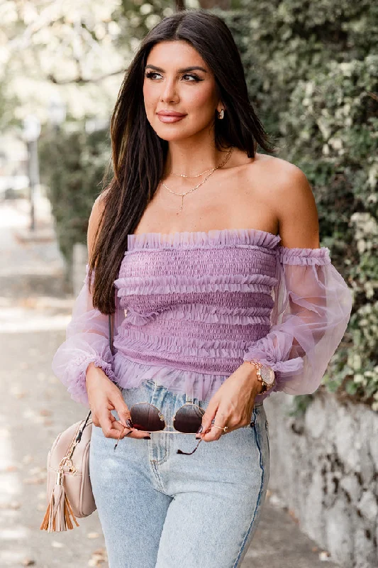 Happy Ever After Dusty Purple Ruffled Tulle Sleeved Blouse FINAL SALE Classic Minimalist Blouse Happy Ever After Dusty Purple Ruffled Tulle Sleeved Blouse FINAL SALE Classic Minimalist Blouse