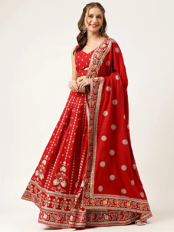 Ethnic Motifs Printed Maroon Lehenga & Blouse With Dupatta Satin Long Blouse