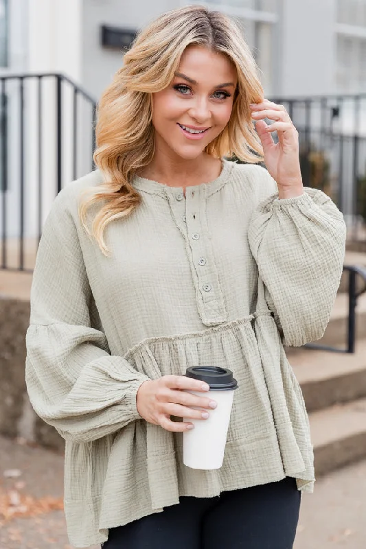 Escaping Reality Olive Oversized Henley Blouse FINAL SALE Frilled Cuff Blouse