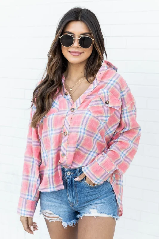 Flattering Style Red Multi Plaid Button Up Blouse FINAL SALE Slim Fit Blouse