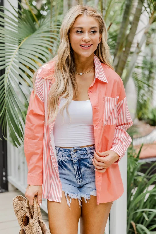 Get It Right Coral Striped Button Front Color Block Blouse FINAL SALE Double Button Blouse Get It Right Coral Striped Button Front Color Block Blouse FINAL SALE Double Button Blouse