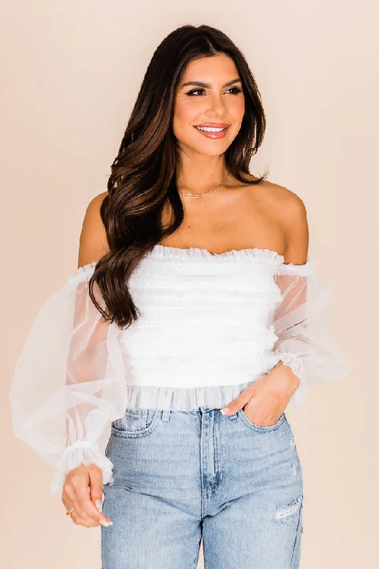 Happy Ever After Ivory Ruffled Tulle Sleeved Blouse FINAL SALE Subtle Shimmer Blouse Happy Ever After Ivory Ruffled Tulle Sleeved Blouse FINAL SALE Subtle Shimmer Blouse