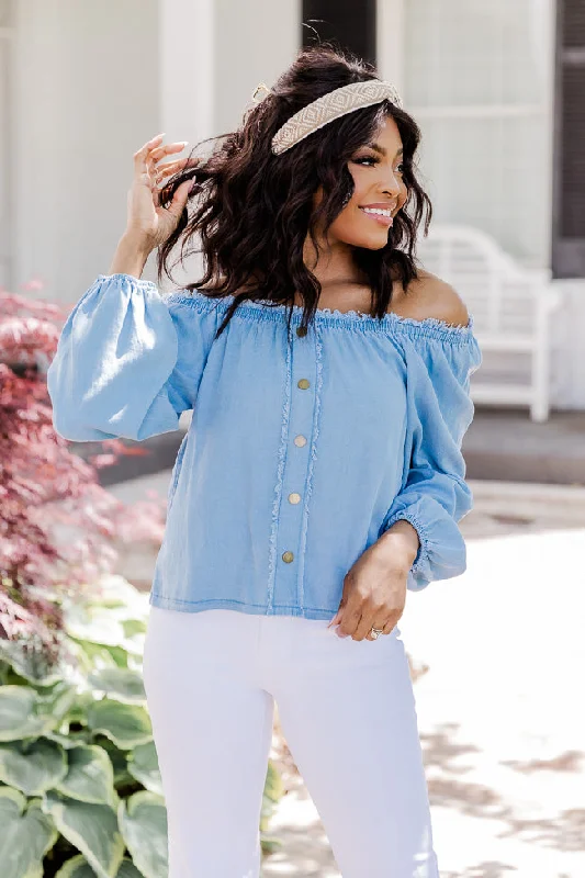 In The Countryside Medium Wash Off The Shoulder Button Front Chambray Blouse FINAL SALE Office Formal Blouse In The Countryside Medium Wash Off The Shoulder Button Front Chambray Blouse FINAL SALE Office Formal Blouse