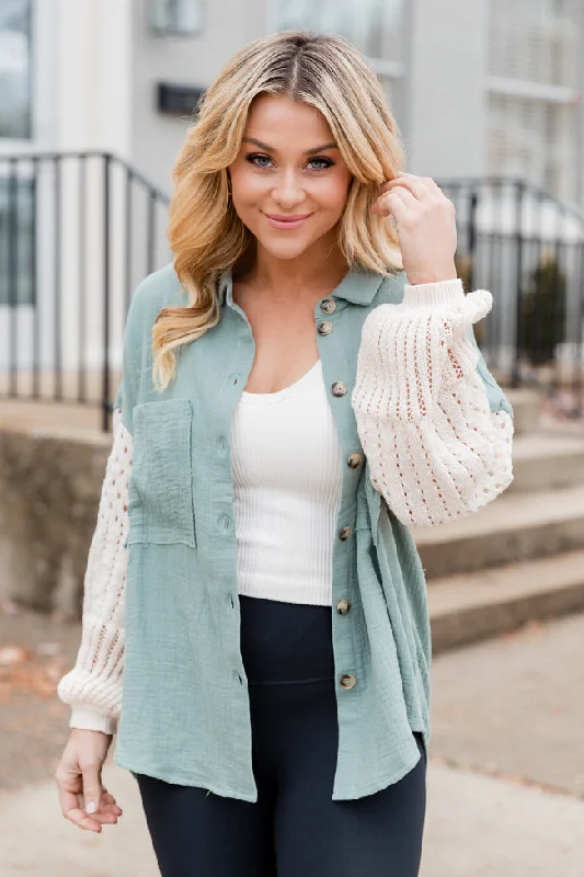 Keep Shining Cream And Sage Gauze Shacket FINAL SALE Feminine Puff Blouse