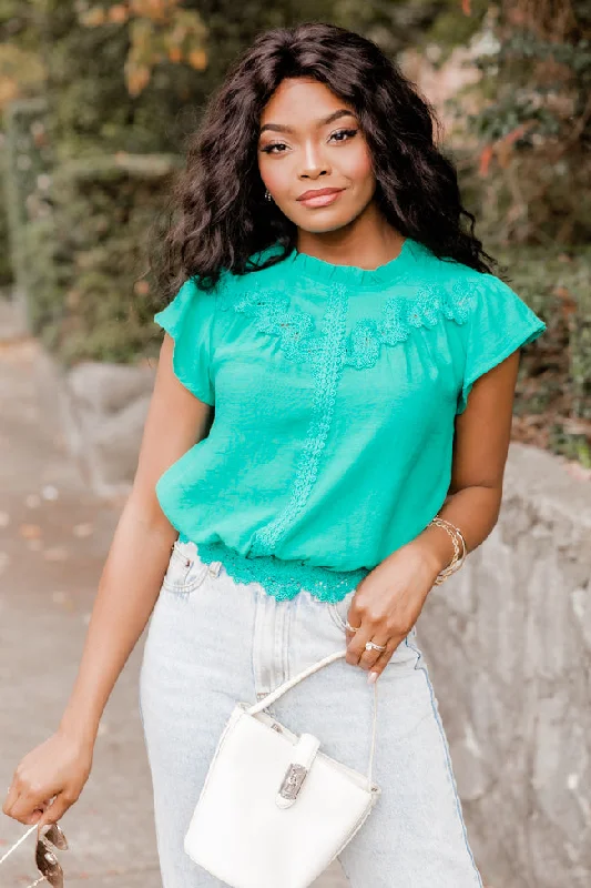 Stay Around Kelly Green Lace Trim Short Sleeve Blouse FINAL SALE Polished Work Blouse Stay Around Kelly Green Lace Trim Short Sleeve Blouse FINAL SALE Polished Work Blouse