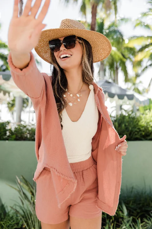 Let Me Adore You Terracotta Button Front Gauze Blouse FINAL SALE Delicate Pleat Blouse