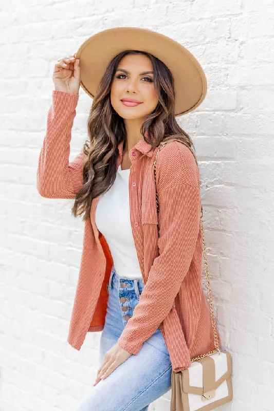 Mad About You Terracotta Ribbed Shacket FINAL SALE Off-Shoulder Wrap Blouse