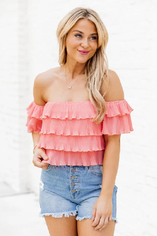 Meant To Be Coral Ruffled Off The Shoulder Blouse With Removable Straps FINAL SALE Sleeveless Chiffon Blouse Meant To Be Coral Ruffled Off The Shoulder Blouse With Removable Straps FINAL SALE Sleeveless Chiffon Blouse