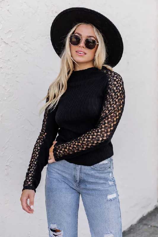 Not Over You Black Mock Neck Lace Sleeve Blouse FINAL SALE Vintage Lace Blouse