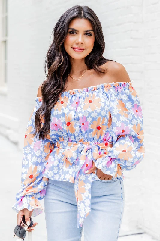 Off The Path Blue Off The Shoulder Belted Blouse FINAL SALE Office Formal Blouse