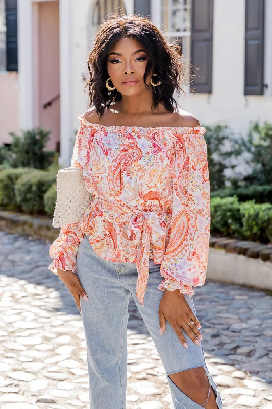 Off The Path Orange Paisley Off The Shoulder Belted Blouse FINAL SALE Feminine Tie Blouse Off The Path Orange Paisley Off The Shoulder Belted Blouse FINAL SALE Feminine Tie Blouse