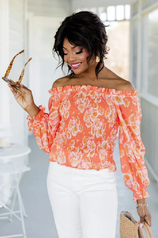 On A Whim Orange Floral Smocked Long Sleeve Blouse FINAL SALE Satin Long Blouse