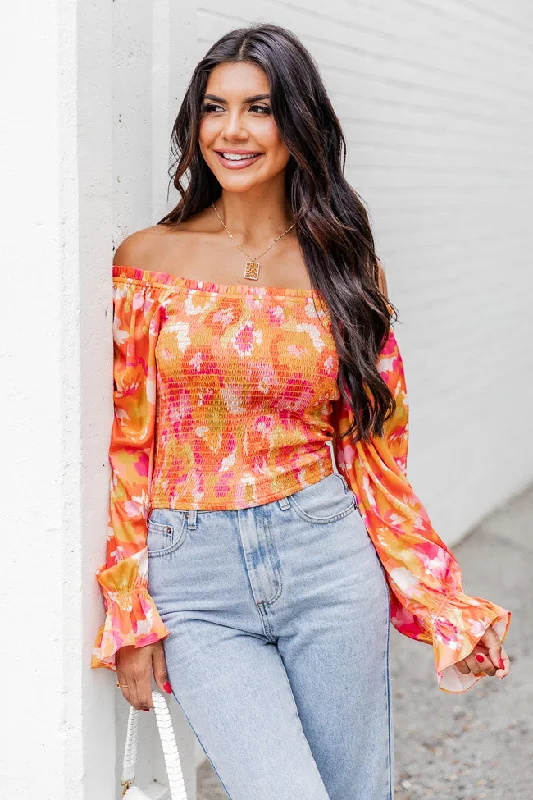 Just A Moment Orange Floral Print Off The Shoulder Blouse FINAL SALE Ruffled Neck Blouse Just A Moment Orange Floral Print Off The Shoulder Blouse FINAL SALE Ruffled Neck Blouse