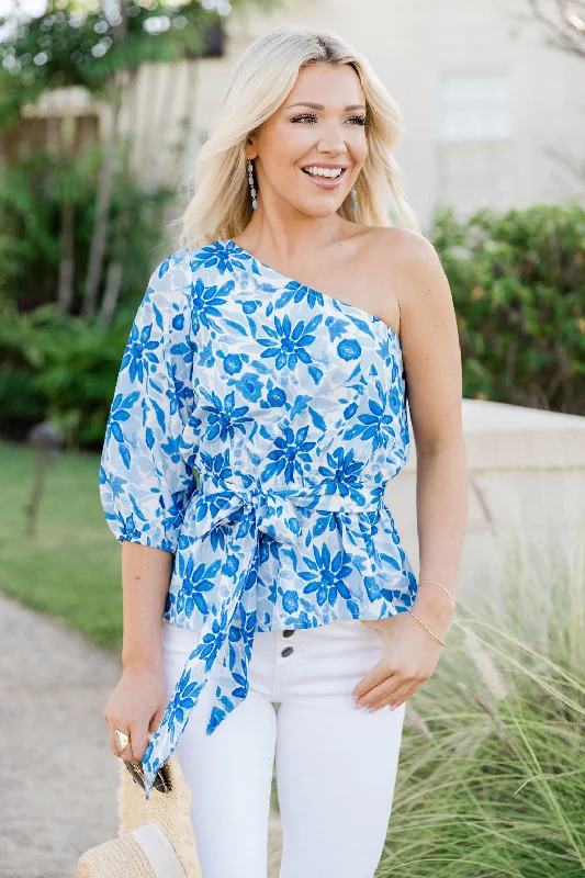 Out Of The Blue One Shoulder Blue Printed Blouse FINAL SALE Pastel Color Blouse