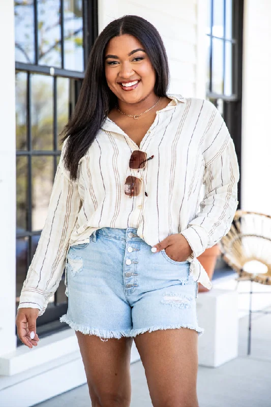 Ready For A Change Sand Striped Button Up Blouse FINAL SALE Relaxed Fit Blouse