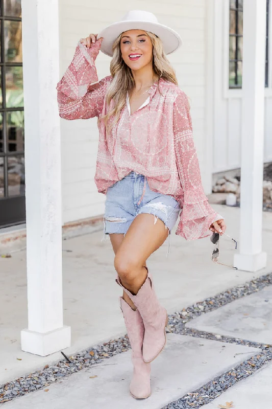 Remind Me Pink Tiered Sleeve Printed Blouse FINAL SALE Elegant Office Blouse