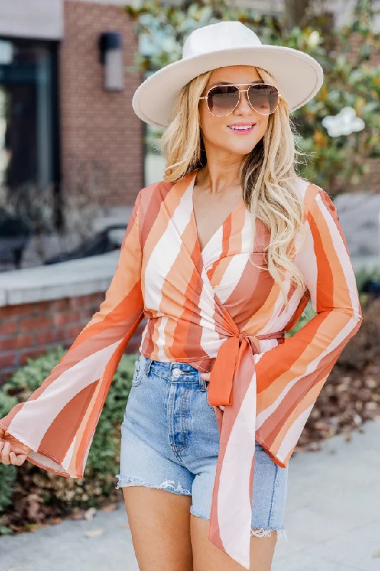 Live Your Best Life Rust Printed Long Sleeve Wrap Blouse FINAL SALE Sweetheart Neck Blouse Live Your Best Life Rust Printed Long Sleeve Wrap Blouse FINAL SALE Sweetheart Neck Blouse