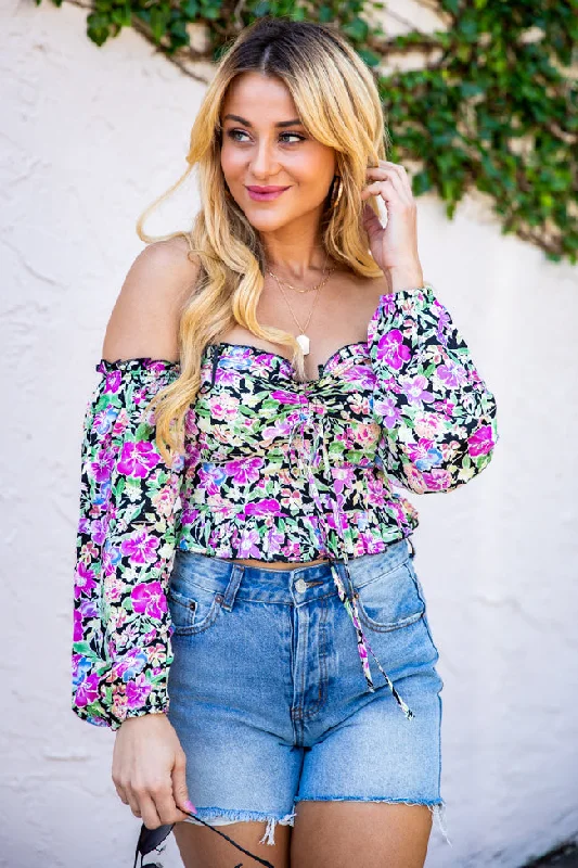 Sonic Blooms Black Floral Off The Shoulder Long Sleeve Blouse FINAL SALE Silky Draped Blouse Sonic Blooms Black Floral Off The Shoulder Long Sleeve Blouse FINAL SALE Silky Draped Blouse