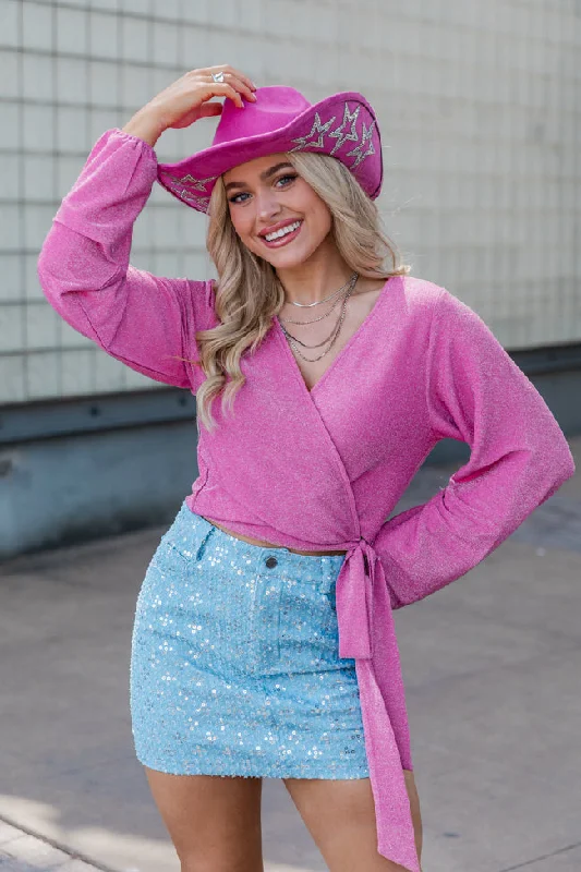 Table For Two Pink Shimmer Wrap Blouse FINAL SALE Double Button Blouse