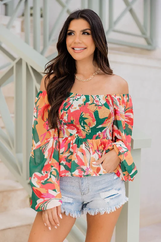Take Me There Green Smocked Bust Floral Blouse FINAL SALE Elegant Peplum Blouse