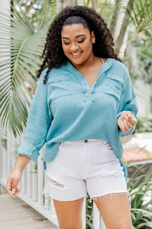 Unique Role Teal Pocketed Henley Gauze Blouse FINAL SALE Feminine Satin Blouse