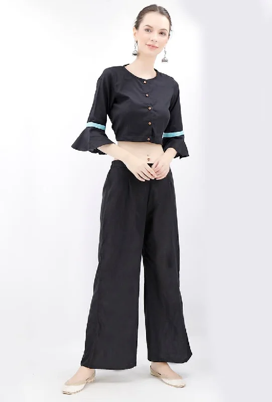 Black Cotton Blouse With Bell Sleeves Gathered Detail Blouse